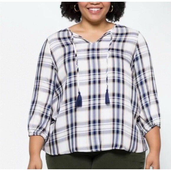Stitch Fix Skies Are Blue Curvy Womens 1X Plaid Split Neck Top Tassel Ties Prep - Picture 1 of 11